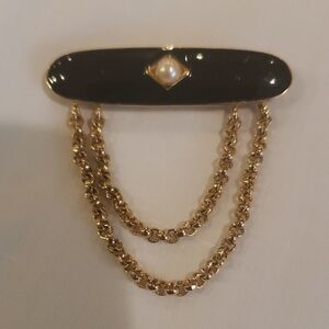 Vtg Monet Black and Gold Brooch with Pearl Accent